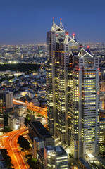 Night-time panoramic view of Park Hyatt Tokyo building from the Tokyo Metropolitan Government Building.