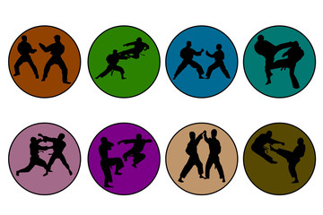 Set of 8 icons of different colors karate