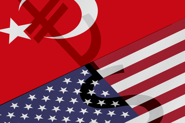 USA and Turkey flags with their currencies. Dollar and Lira. Concept of United States of America and Turkey trade war.