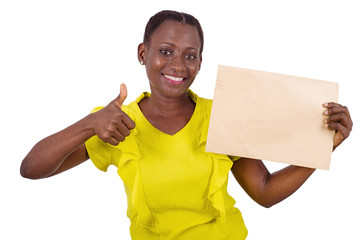Smiling woman showing a blank sheet of paper for advertising