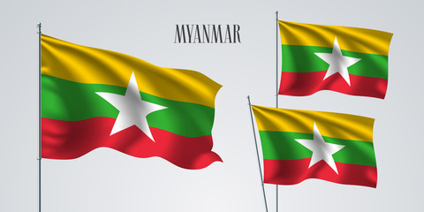 Myanmar waving flag set of vector illustration