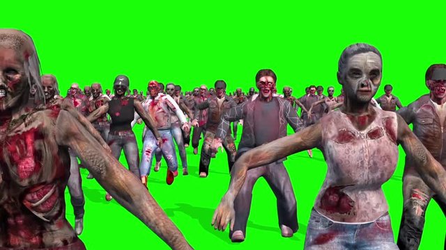 Invasion Zombies Horde Runcycle Front Green Screen 3D Rendering Animation