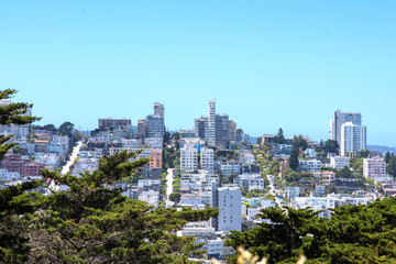 Aerial view on San Francisco skyscrapers and downtown at dusk. California, USA