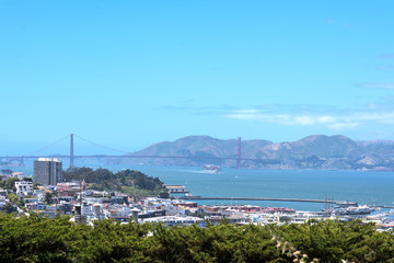 Fototapeta na wymiar Telegraph Hill from Russian Hill and San Francisco bay with bridge, California, USA.