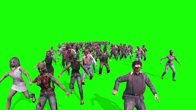 Invasion Zombies Horde Runs Top Green Screen 3D Rendering Animation