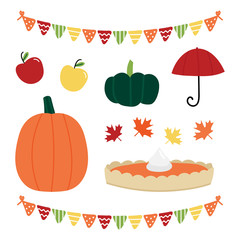 Set, collection of autumn, fall icons. Vector food, fruits and vegetables, leaves, weather symbols and colorful garlands.