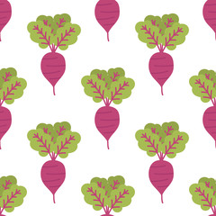 Cute cartoon seamless pattern background with beet and leaves. Vector autumn, fall vegetables background.