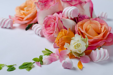 Live roses flowers frame. Beautiful floral background. Card Template to spring holidays.