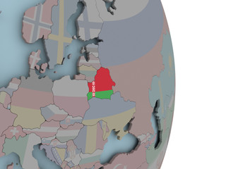 Map of Belarus on political globe with flag