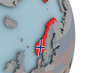 Map of Norway on political globe with flag