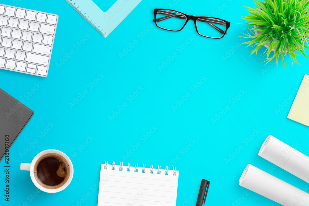 Aufkleber mess on the work desk. hard work concept with free space for text. flat lay.