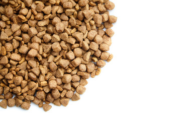 Dry food for dogs and cats. Pet meal on white background. Selective focus