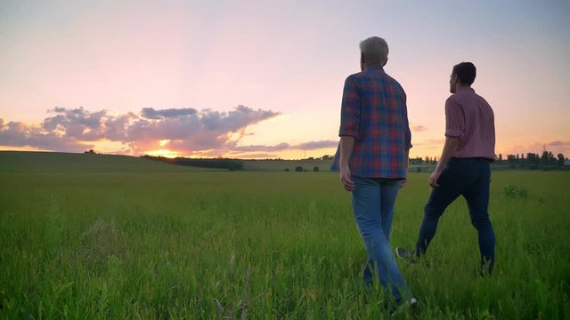 Old father walking with his adult son on wheat field and watching beautiful sunset, amazing nature