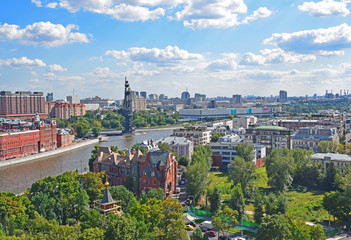 Panorama of Moscow with a view of the monument to Peter I. The photo was taken from the observation platform of the Cathedral of Christ the Savior. Russia, Moscow, August 2018.