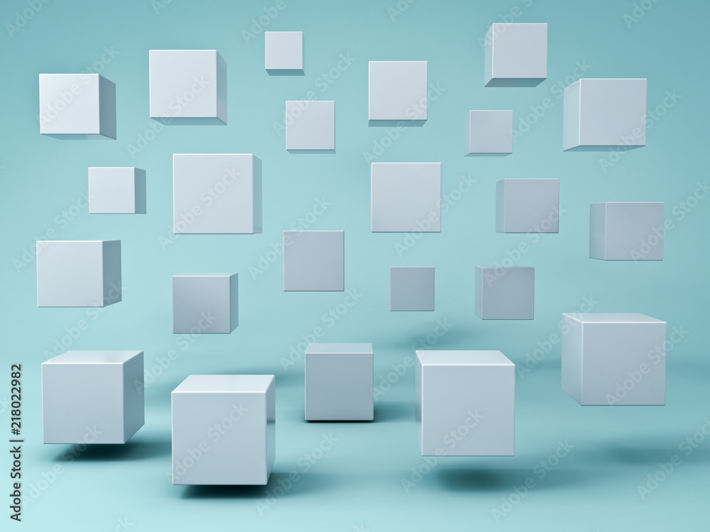 Aufkleber Abstract white flying 3d cubes on green cyan pastel color background with reflection and shadows 3D rendering