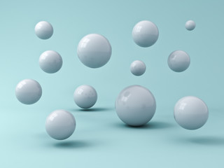 Abstract white flying 3d spheres on cyan background with reflection and shadows 3D rendering
