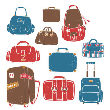 Set of Vector Hand drawn Suitcases and Bags