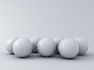 Abstract 3d white spheres on grey background with window reflections and shadows 3D rendering
