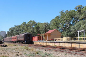 Fototapeta na wymiar MUCKLEFORD, AUSTRALIA - March 11, 2018: The J class 549 tourist steam train departing Muckleford railway station
