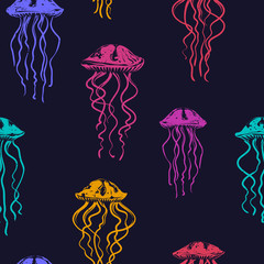 Colorful Hand drawn Underwater Seamless Pattern with Jellyfish