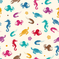Marine Seamless Pattern with Contours of Underwater Creatures