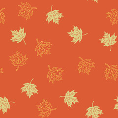 Autumn seamless pattern with green and yellow maple leaves on orange background, raster