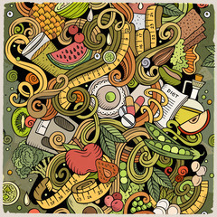 Fototapeta na wymiar Cartoon vector doodles Diet food illustration. Bright colors dietary funny picture