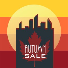 autumn sale. Discounts in stores. Maple leaf. Canada. Sunset in the city. The outlines of the city. 