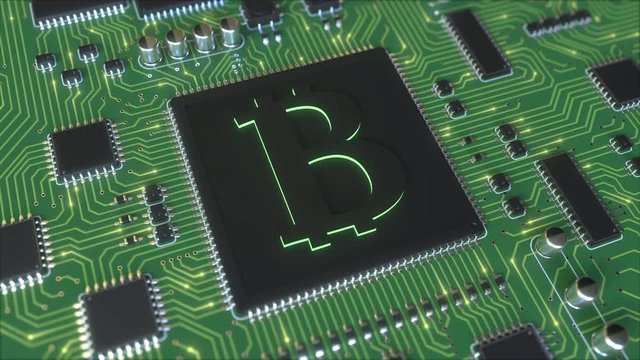 Chipset with bitcoin BTC symbol. Mining or cryptocurrency transactions related animation