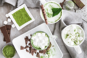 Hot matcha latte with marshmallows