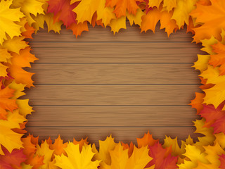 Naklejka na ściany i meble Frame from fallen maple leaves on the background of a wooden vintage table surface. Realistic vector illustration.