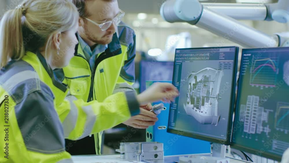 Leinwandbilder At the Factory: Male Mechanical Engineer Holds Component and Female Chief Engineer Work on Personal Computer, They Discuss Details of the 3D Engine Model for Robotic Arm.