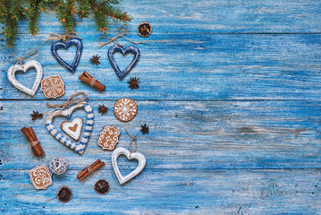 Christmas food background. Christmas decoration and Christmas cookies on blue old background. Top view.