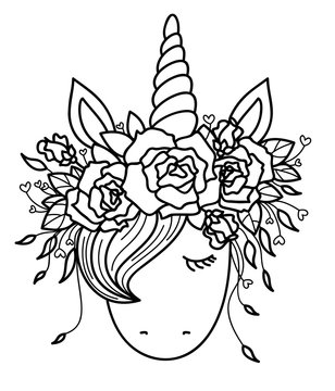 Vector cute  unicorn  in wreath,  black silhouette  isolated on white for coloring.