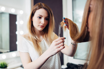 Young pretty hairdresser wearing casual clothes holding strand of long hair between fingers...