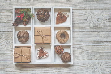Christmas decoration  in wooden box. Winter holidays concept. Retro style toned.