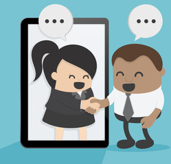 Fototapeta premium Concept business two African businessman and businesswoman interacting with each other through mobile device displays. Online
