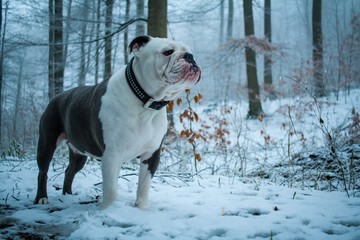 Aufmerksame Bulldoge im verschneiten Wald