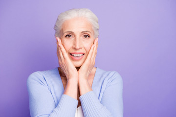 Portrait of grey haired old nice beautiful amazed shocked smilin