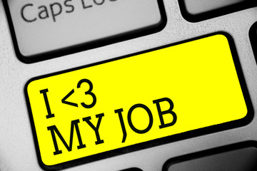 Text sign showing I love My Job. Conceptual photo telling someone that you admire your current profession Keyboard yellow key Intention create computer computing reflection document.