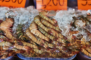 Fresh shrimps, prawns, king prawn, blue leg shrimp, giant prawn, tiger prawn  in ice in the fish market in Asia. Prawns in various  is a good source of protein. Healthy and dieting food concept..