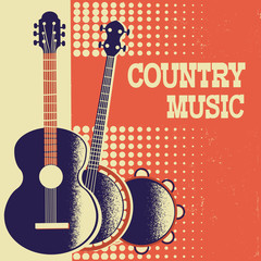 Country Music poster background with musical instruments on old paper