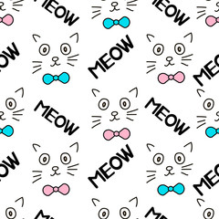 Seamless patterns with faces of the cat and words Meow.