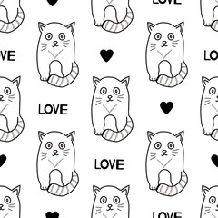 Seamless patterns with cats, hearts and words Love.