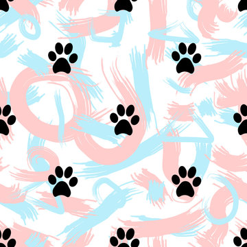 Seamless patterns with black animal footprints and abstract brush strokes.