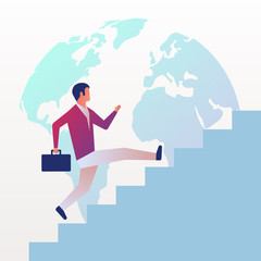 Businessman is climbing career ladder on background globe. Business growth concept. Concept development. Vector illustration flat design. Step by step. Human in suit with briefcase runs down stairs.