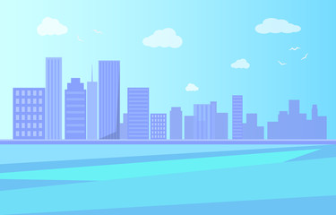 Fototapeta na wymiar City Landscape with River and Skyscrapers Vector