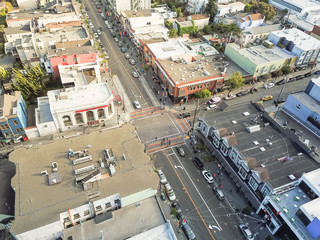 Aerial view Rainbow crosswalk in Castro District, Eureka Valley with typical historic Victorian...