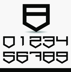 Collection of the Wide black flat numbers with isometric down arrow and up arrow vector; Numbers with arrow for tag or label; Numeral location symbol; Numeral logo