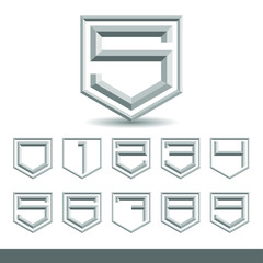 Collection of the 3D metal wide digits with isometric down arrow arrow and metal frame vector; Steel numeral car sign; Metal wide faceted digits; Different 3D silver key chain numbers;